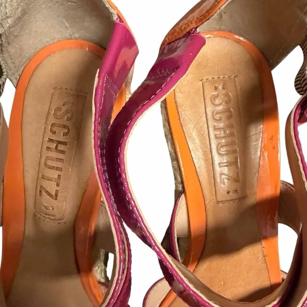SCHUTZ Pink Orange Patent Leather Wedge Platform Espadrille‎ Sandals Womens 5